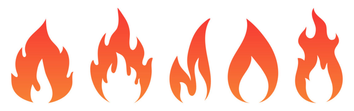 Orange gradient fire flame icon set. Burning blaze silhouettes, bonfire tattoo shapes, energetic hot symbol elements.