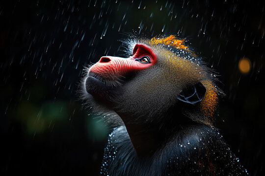 animal by ai, ape portrait, mandrill looking up, rain on his face and on his fur, dark forest background, photorealistic