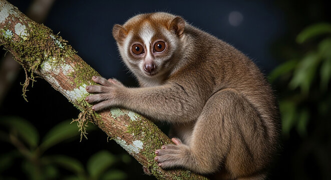 A slow loris with large brown eyes clinging to a mossy tree branch in a dark tropical forest at night time
