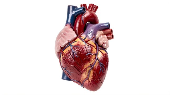 Anatomically correct model of a human heart isolated on white.