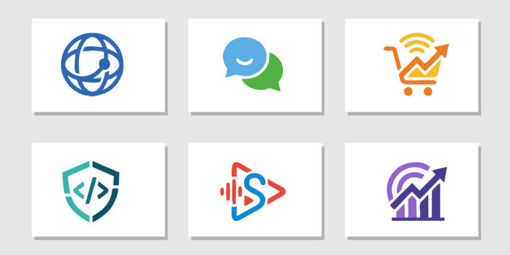 A collection of six icons representing various digital concepts on white backgrounds