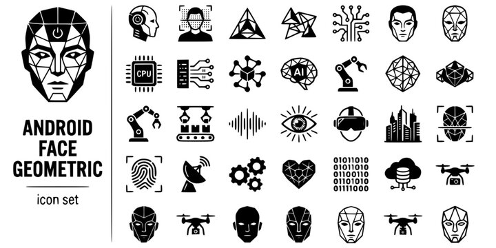 Android Face Geometric Black White-Angular Panel Triangulated Skin-Synthetic Human Vector-Android Icon Geometric-AI Design Set