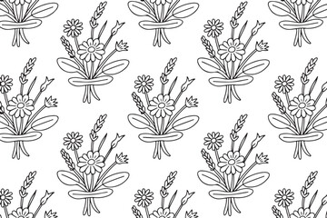 Fototapeta premium Elegant hand drawn floral seamless pattern with black outline flowers on white background