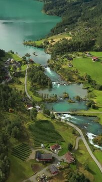 Aerial view of Lovatnet lake (loen lake) and mountain valley in Norway.
