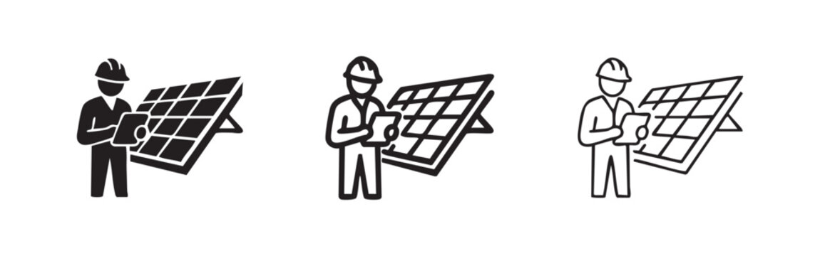Set of Solar Panel Engineer Icons, Renewable Energy and Sustainable Power Symbols
