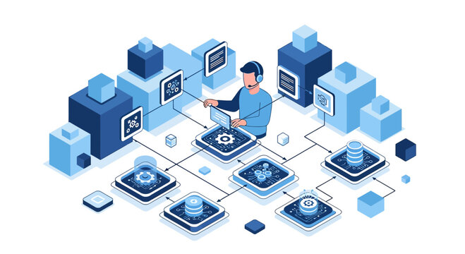 IT Support and Network Automation: Person with headset managing complex systems