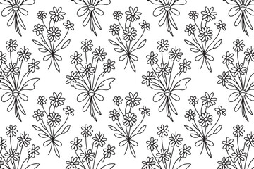 Fototapeta premium Elegant hand drawn floral seamless pattern with black outline flowers on white background