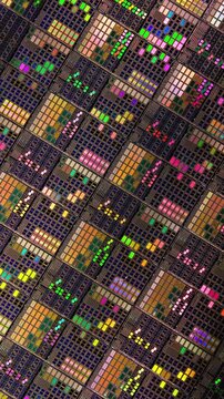 Vertical video Silicon semiconductor wafer with integrated circuit die mosaic pattern.