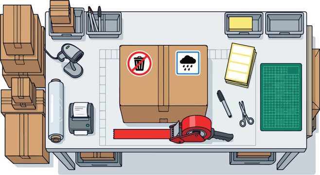 A cluttered industrial workspace with boxes and equipment scattered around on a large table indoors viewed from above.