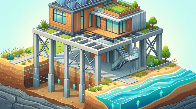 Sustainable modern house on pilings with solar panels and green roof