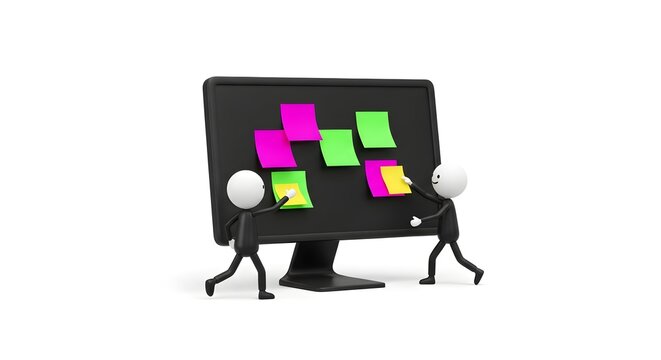 Business figures placing sticky notes on a computer screen