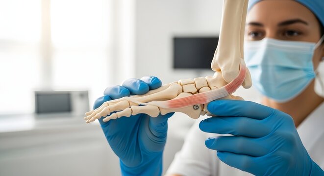 Foot skeleton anatomy and podiatry medical consultation. Tendon injury and orthopedic surgery education. Doctor in blue gloves holding ankle bone model with red highlighted ligament
