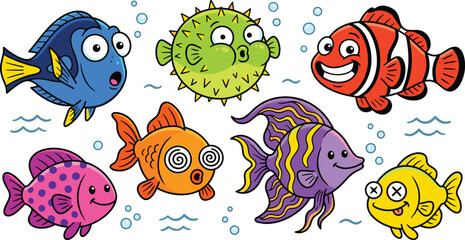 Tropical Coral Reef Cartoon Fish Vector Set Including Clownfish, Pufferfish, and Tang Characters for Sea Life Education and Children Designs © Sheule