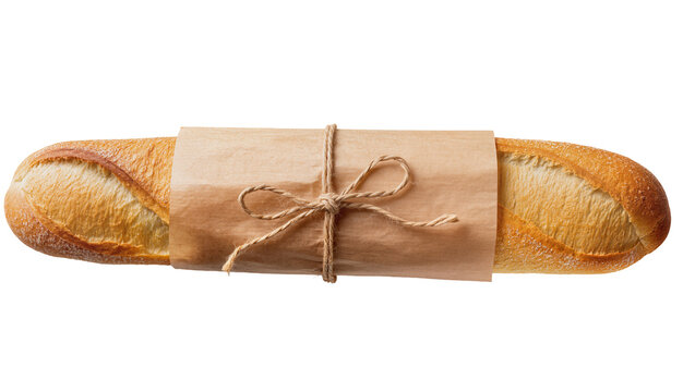 Golden brown baguette bread wrapped in brown paper and tied with twine