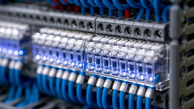 Medium shot focusing on DINrail mounted insulation displacement connectors with neatly arranged IDC terminal strips ideal for industrial electrical panel installations.