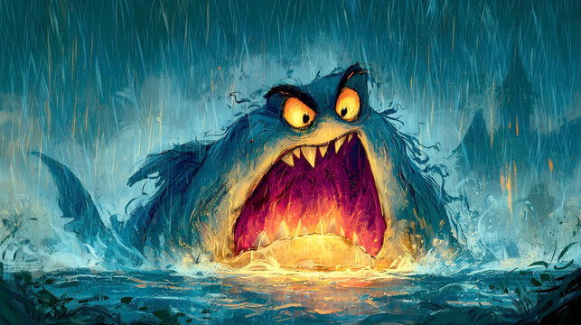 A furious, colossal blue sea monster roars amidst a torrential rainstorm, its glowing yellow eyes and fiery open maw casting an intense, dramatic light across the churning waves