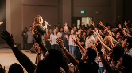 Fototapeta premium Worship leader singing with hands raised in a modern church service