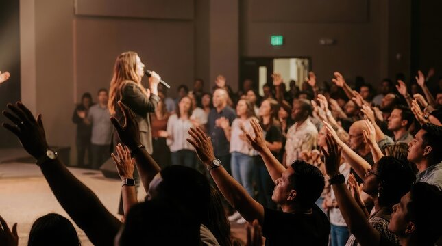 Worship leader singing with hands raised in a modern church service