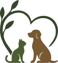 Fototapeta premium stylized illustration of a dog and cat inside a brown and green heart-shaped tree.