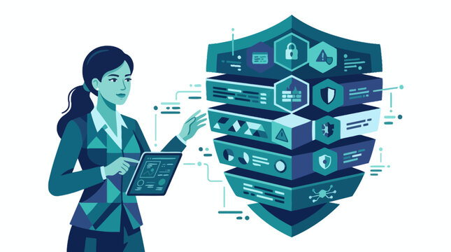 Businesswoman presenting data security layers and cybersecurity shield. EPS Editable. Vector Illustrations.