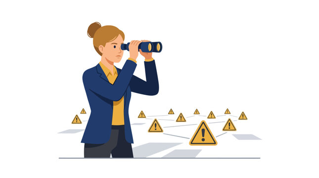 Businesswoman using binoculars to survey potential risks and hazards. EPS Editable. Vector Illustrations.