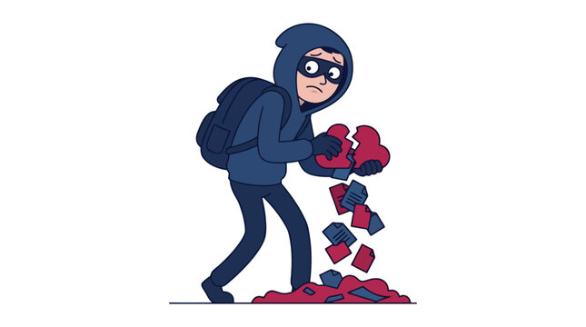 Cartoon burglar character stealing and dropping red and blue hearts. EPS Editable. Vector Illustrations.