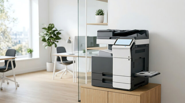 Modern office copier and printer machine placed in a bright, contemporary workspace