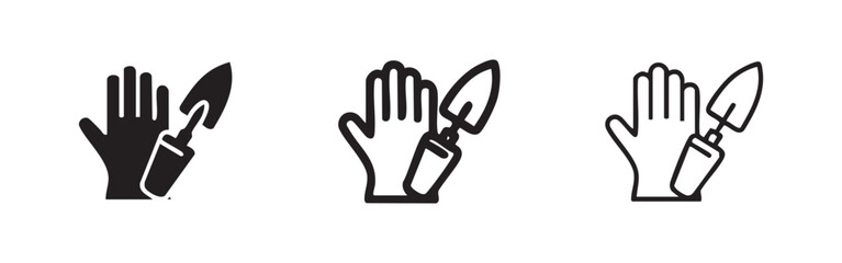 Obraz premium Gardening Glove and Trowel Tools Icons Set in Three Styles: Solid, Outline, and Thick Line