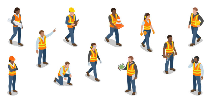 Isometric construction workers vector set | Diverse builders engineers and laborers in safety vests and hardhats | Flat cartoon vector icons