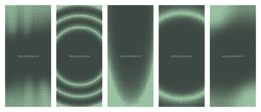 Vector sage green dither halftone pattern set, vertical 9:20 aspect ratio including assorted frames. Different 8 bit pixel art design element collection: fluid, circular, oval, round and smooth border