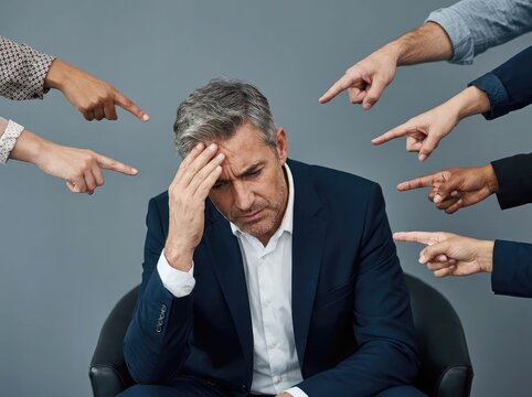Overwhelmed businessman facing criticism and blame from multiple people