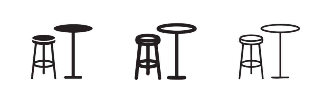 Set of three bar stool and floor lamp icons in different styles: solid black, outline with fill, and outline only.