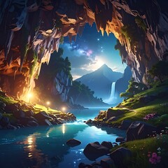 Fototapeta premium Cave entrance with river and waterfall.