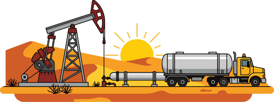 A large truck transports oil tanker near pumpjack at sunset in desert landscape