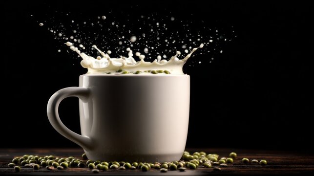 A white cup splashes milk amongst scattered green beans, creating a dynamic visual on black