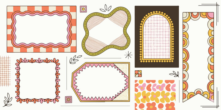 Set of hand-drawn frames with wavy squiggle curly edges and colorful backgrounds. Hand-drawn borders with abstract wavy lines and retro patterns for invitations, posters, social media templates decor