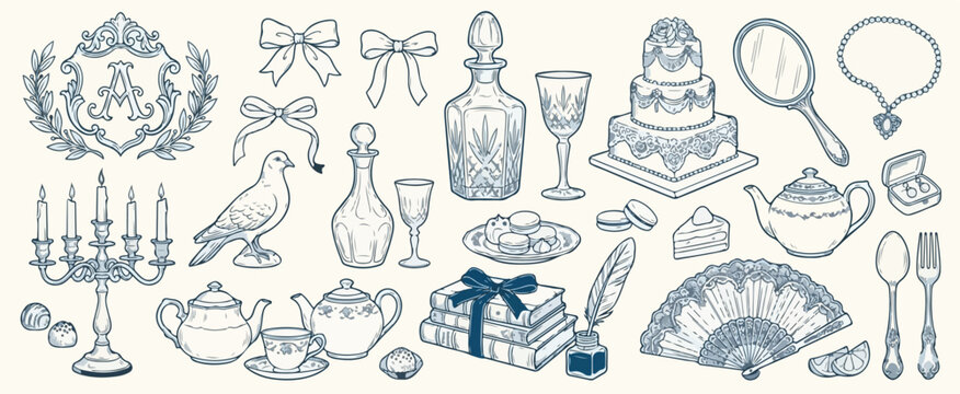 Hand drawn wedding ceremony illustrations. Bride icons in baroque or rococo style with whimsy elegant frames and pearl with lace decorations. Wedding borders and elements for invitations and menus