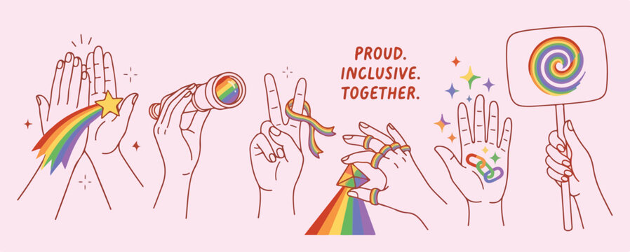 Doodle line people hands hold flower, champagne, smartphone and flag with lgbt rainbow. Pride month celebration against violence, discrimination, human rights violation support banner, poster, placard