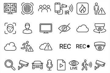 Fototapeta premium Collection of modern security and surveillance icons in clean black line art style for tech branding and digital interface design
