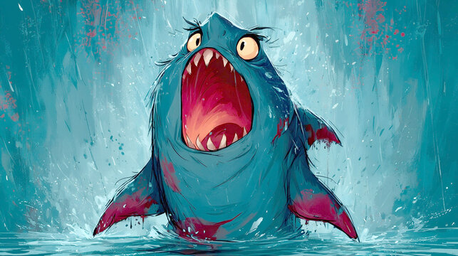 A stylized teal shark with magenta-tipped fins breaches the water, its massive mouth stretched wide in a dramatic, wide-eyed scream amidst energetic splashes and heavy rainfall