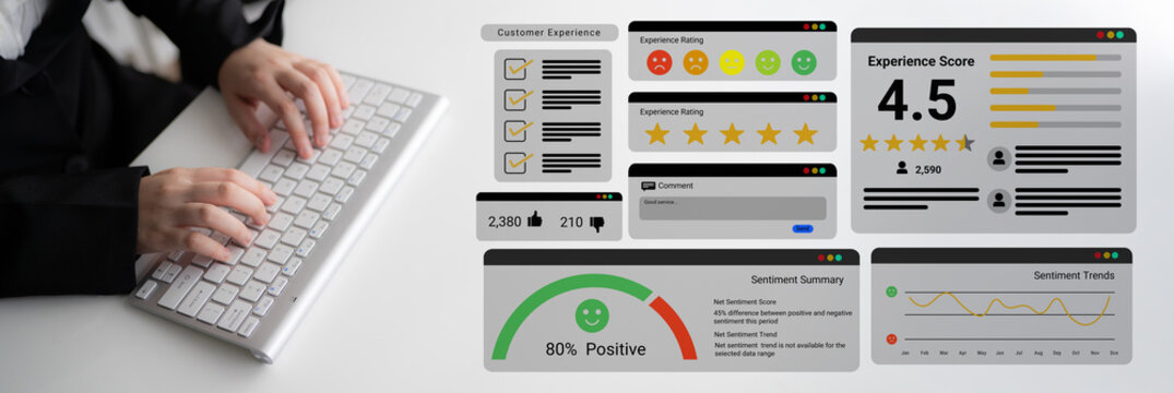 Feedback system with ratings, sentiment meter, and charts representing customer satisfaction and experience analysis Parse