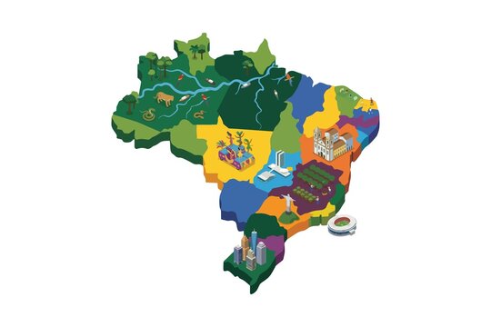 Colorful illustrated map of Brazil highlighting regional culture, wildlife, landmarks, agriculture, rivers, rainforest, cities, and tourism icons in an isometric style.