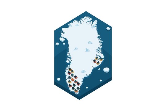Minimal isometric illustration of Greenland featuring icy terrain, glaciers, floating icebergs, and colorful coastal settlements in a clean geometric style.