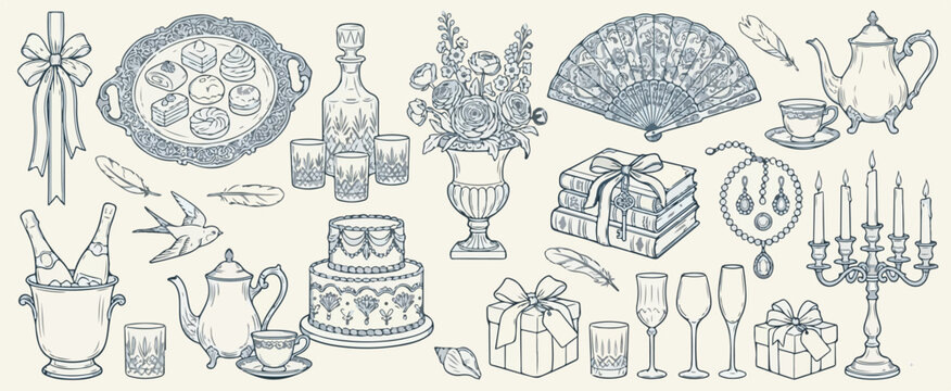 Hand drawn wedding ceremony illustrations. Bride icons in baroque or rococo style with whimsy elegant frames and pearl with lace decorations. Wedding borders and elements for invitations and menus.