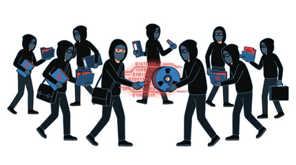 Obraz premium Group of hooded thieves stealing digital information and physical items. EPS Editable. Vector Illustrations.