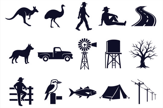 AustralianOutback wildlife and rural lifestyle icons set featuring kangaroo emu truck windmill and fishing gear in black silhouette style