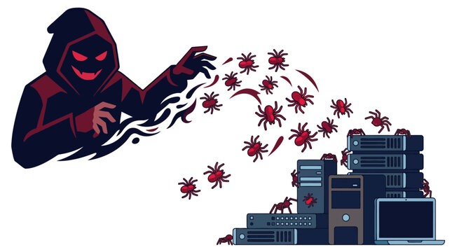 Hacker attacking computer server infrastructure with digital virus swarm. EPS Editable. Vector Illustrations.
