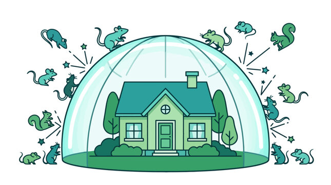 House protected inside a transparent glass dome against pest infestation. EPS Editable. Vector Illustrations.