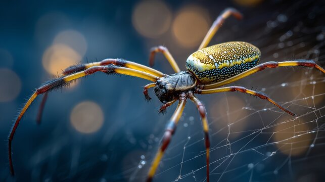 Macro side view of a golden orb weaver spider on its web with glowing golden bokeh background, high quality commercial stock photography