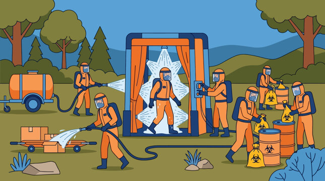 Hazmat team in protective suits cleaning up toxic waste and decontamination. EPS Editable. Vector Illustrations.